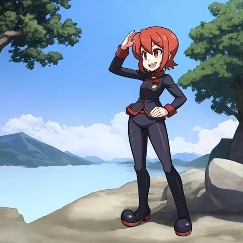 Masterpiece, best quality, A female in the mountains, solo, (1girl), two-tone hair, red hair, blue hair, short hair, happy, smiling, :D, dynamic pose, flat chest, red eyes, military uniform:1.1, pants:1.1, cowboy shot, full body, outdoors:1.2, mountains, trees, rocks, day, sunlight, bright blue sky:1.1, clouds, flat color, raytracing, trending on pixiv, extremely detailed background, <lora:sg25mixtest-000005:0.7>