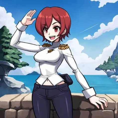 Masterpiece, best quality, A female in the mountains, solo, (1girl), two-tone hair, red hair, blue hair, short hair, happy, smiling, :D, dynamic pose, medium breasts, red eyes, military uniform:1.5, pants:1.1, cowboy shot, full body, outdoors:1.2, mountains, trees, rocks, day, sunlight, bright blue sky:1.1, clouds, flat color, raytracing, trending on pixiv, extremely detailed background, <lora:sg22-000005:.80>