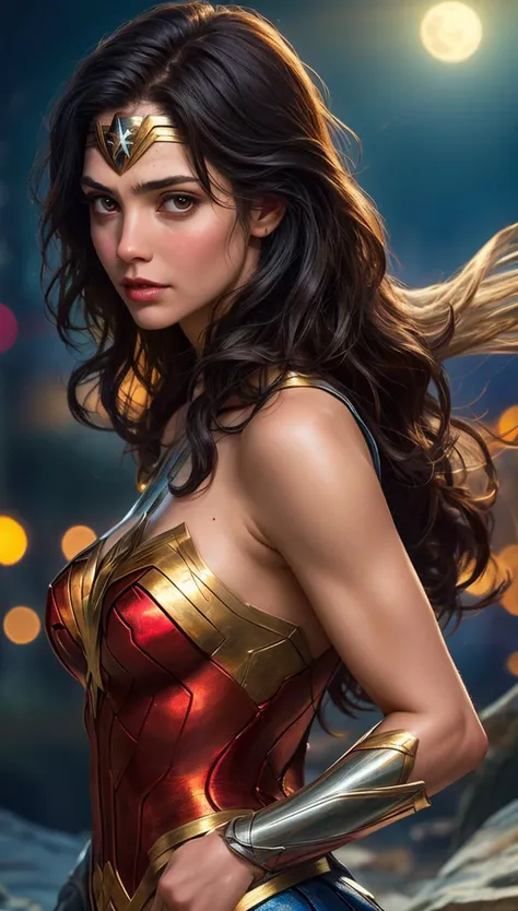 (best quality, masterpiece, colorful, dynamic angle, highest detailed), (photorealistic:1.2), raw photo,(Wonder Woman), upper body photo, fashion photography of cute black long hair girl (Wonder Woman), dressing high detailed Wonder Woman suit (high resolution textures), in dynamic pose, bokeh, (intricate details, hyperdetailed:1.15), detailed, moonlight passing through hair, perfect night, (fantasy background), (official art, extreme detailed, highest detailed), (photorealistic:1.2), raw photo,, HDR+