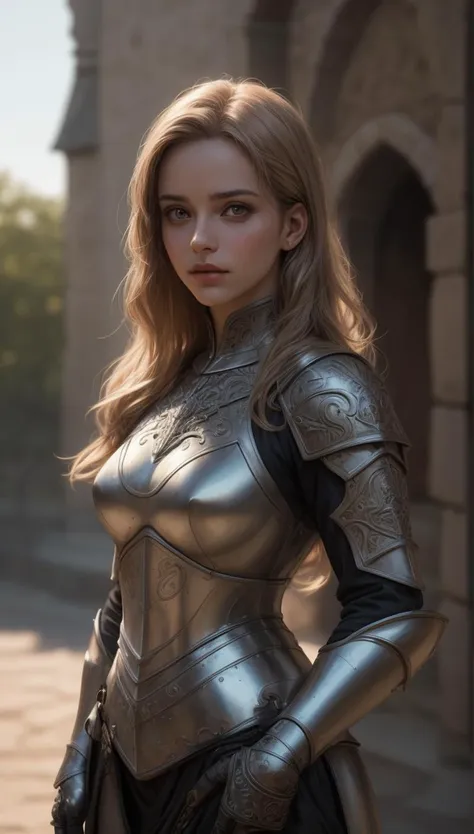 (masterpiece), (extremely intricate:1.3),, (realistic), portrait of a girl, the most beautiful in the world, (medieval armor), metal reflections, upper body, outdoors, intense sunlight, far away castle, professional photograph of a stunning woman detailed, sharp focus, dramatic, award winning, cinematic lighting, octane render, unreal engine, volumetrics dtx, (film grain, bokeh, blurry foreground, blurry background), crest on chest