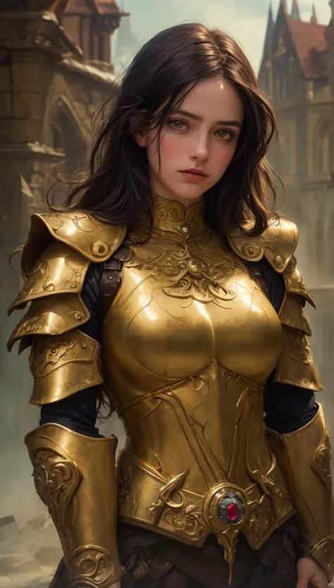 (best quality, masterpiece, colorful, highest detailed), (photorealistic:1.2), raw photo, upper body photo, fashion photography of cute (cute portrait of a Romanian-girl), perfect bobbed black hair, in high detailed medieval gold armor, metal gold reflections, high detailed chainmail, upper body, outdoors, professional photograph, award winning photography, (ultra-detailed body), (light smile:0.3), softlight passing through hair, (far away castle background), (Sharp focus), (dynamic angle), exposure blend, bokeh, dim light, (hdr:1.4), high contrast, (muted colors, dim colors, soothing tones:1.3), low saturation, morbid(extremely intricate:1.3)