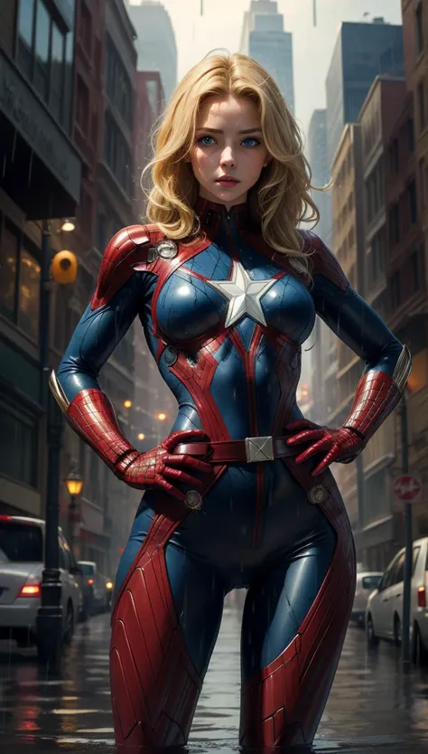 (masterpiece, best quality),  intricate details,
1girl,    <lora:cptmarvel-nvwls-v1:0.8> cptMarvel, bodysuit, red gloves, belt, blonde hair, blue eyes, 
city, rain, wet, hands on hips, proud,