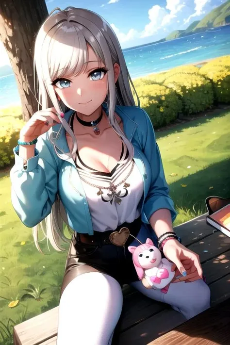 <lora:DaliaD4DJ-05:0.7>, best quality, masterpiece, daliad4dj, looking at viewer, smile, shirt, long sleeves, holding, jewelry, closed mouth, collarbone, white shirt, heart, outdoors, sky, choker, day, midriff, belt, pants, nail polish, bracelet, sparkle, black pants, stuffed toy, stuffed animal, grass, spoken heart, blue nails, aqua nails