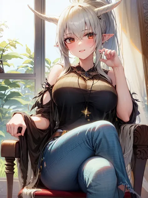 1girl,cowboy shot,shininghead,chair,sitting,jeans,crossed legs, t-shirt