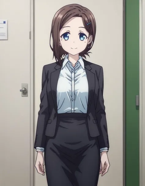 score_9, score_8_up, score_7_up, source_anime,
tawawakouhai, <lora:tawawa-kouhai-chan-ponyxl-lora-nochekaiser:1>,
kouhai, short hair, blue eyes, brown hair, hair ornament, hairclip, mole, mole under eye, smile,
skirt, shirt, jacket, white shirt, collared shirt, black skirt, black jacket, dress shirt, formal, suit, pencil skirt, office lady,
indoors, office,
looking at viewer,