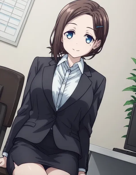 score_9, score_8_up, score_7_up, source_anime,
tawawakouhai, <lora:tawawa-kouhai-chan-ponyxl-lora-nochekaiser:1>,
kouhai, short hair, blue eyes, brown hair, hair ornament, hairclip, mole, mole under eye, smile,
skirt, shirt, jacket, white shirt, collared shirt, black skirt, black jacket, dress shirt, formal, suit, pencil skirt, office lady,
indoors, office, sitting, desk, chair, computer,
looking at viewer, dutch angle, cowboy shot,
