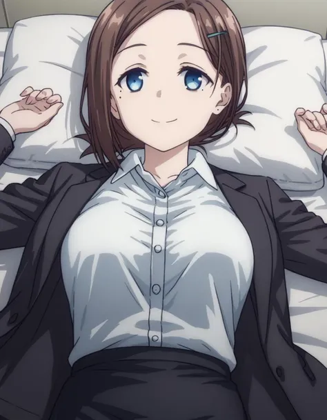 score_9, score_8_up, score_7_up, source_anime,
tawawakouhai, <lora:tawawa-kouhai-chan-ponyxl-lora-nochekaiser:1>,
kouhai, short hair, blue eyes, brown hair, hair ornament, hairclip, mole, mole under eye, smile,
skirt, shirt, jacket, white shirt, collared shirt, black skirt, black jacket, dress shirt, formal, suit, pencil skirt, office lady,
indoors, bed, bedroom, lying on back,
looking at viewer, dutch angle, cowboy shot,