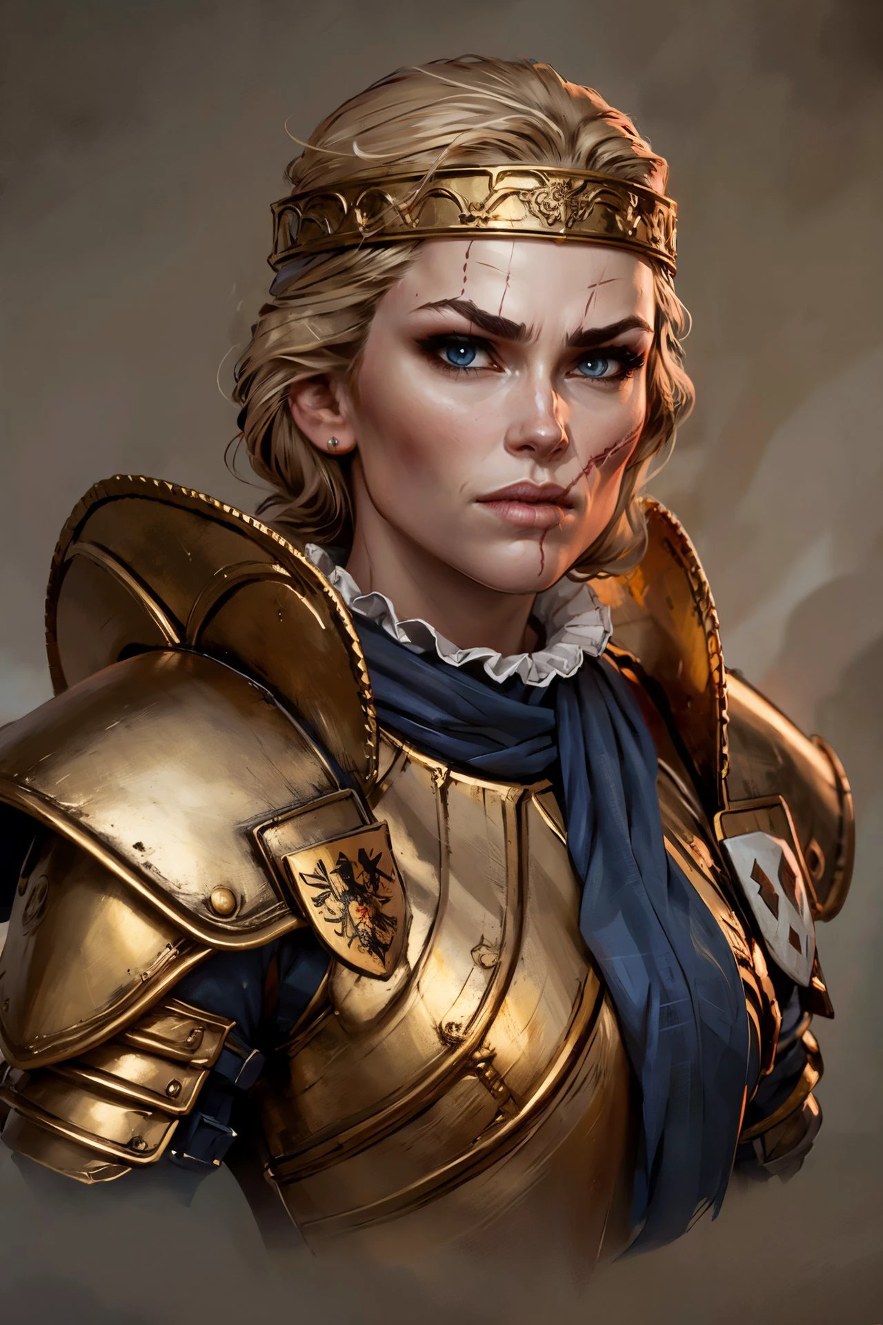 (masterpiece, ultra detailed, best quality:1.2, highly detailed skin:1.2, highly detailed),
queen_meve, 1girl, solo, long hair, looking at viewer, monochrome, greyscale, lips, scar on face, portrait, headband, blue eyes
<lora:queen_meve:0.8> queen_meve, blue eyes, blonde hair, earrings, headband, gold armor, scar on face, cape, armor, blue cape