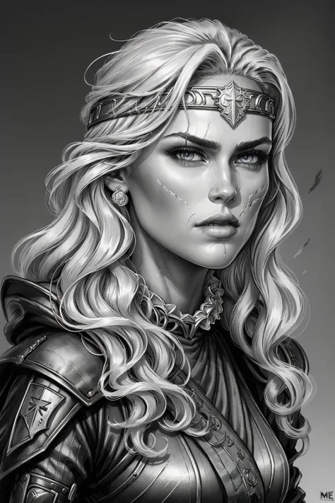 (masterpiece, top quality, best quality, official art, detailed:1.2), <lora:queen_meve:0.7>, queen_meve, 1girl, solo, long hair, looking at viewer, monochrome, greyscale, lips, scar on face, portrait, headband, blue eyes