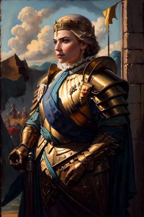 Rembrandt, (distant view:1.3),(award-winning painting:1.3), (8k, best quality:1.3), (realistic painting:1.1), A gorgeous and intricate painting, fine art, portrait, queen_meve, 1girl, solo, gloves, jewelry, upper body, weapon, earrings, armor, crown, gold armor, clenched hand, blue eyes, flag <lyco:Rembrandt_(Lycoris):0.45> <lyco:queen_meve:0.7>