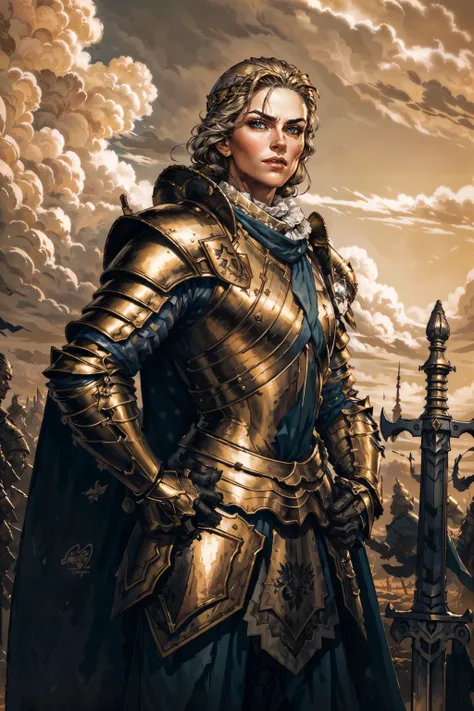 (masterpiece, top quality, best quality, official art, detailed:1.2), <lora:queen_meve:0.7>, queen_meve, solo, long hair, looking at viewer, standing, monochrome, weapon, cowboy shot, outdoors, cloud, cape, armor, hand on hip, gold armor, planted, knight, full armor, planted sword, hand on hilt, 1girl