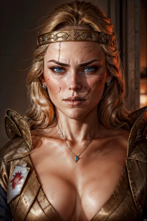 (masterpiece, top quality, best quality, official art, detailed:1.2), <lora:queen_meve:0.7>, queen_meve, 1girl, solo, looking at viewer, blue eyes, blonde hair, jewelry, earrings, headband, scar, portrait, scar on face, realistic