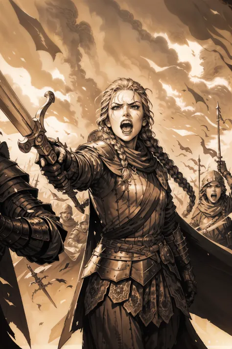(masterpiece, top quality, best quality, official art, detailed:1.2), <lora:queen_meve:0.7>, queen_meve, 1girl, long hair, looking at viewer, open mouth, gloves, holding, monochrome, weapon, braid, solo focus, sword, cape, holding weapon, armor, single braid, holding sword, sepia, shouting, army