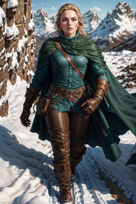 (masterpiece, top quality, best quality, official art, detailed:1.2), <lora:queen_meve:0.7>,queen_meve, 1girl, blue eyes, (toned:1.3), blonde hair, gloves, green shirt, boots, outdoors, sky, day, belt, pants, cape, brown footwear, snow, brown gloves, mountain, realistic, leather, brown pants, green cape
