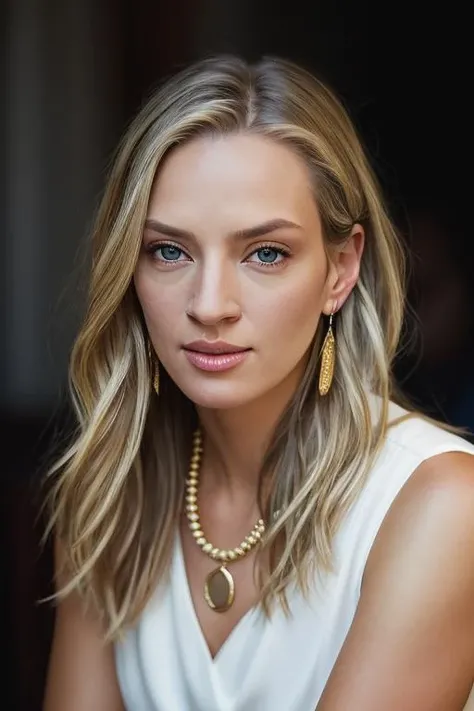 <lora:um4thurm4n:0.9>, a Realistic photo of um4thurm4n woman,long hair, looking at viewer, blue eyes, blonde hair, dress, jewelry, sitting, earrings, necklace, white dress, bracelet, lips, arm support, realistic, nose, yokozuwari, soft lighting, professional Photography, Photorealistic, detailed eyes, RAW, analog, sharp focus, 8k, HD, DSLR, high quality, Fujifilm XT3, film grain, award winning, masterpiece