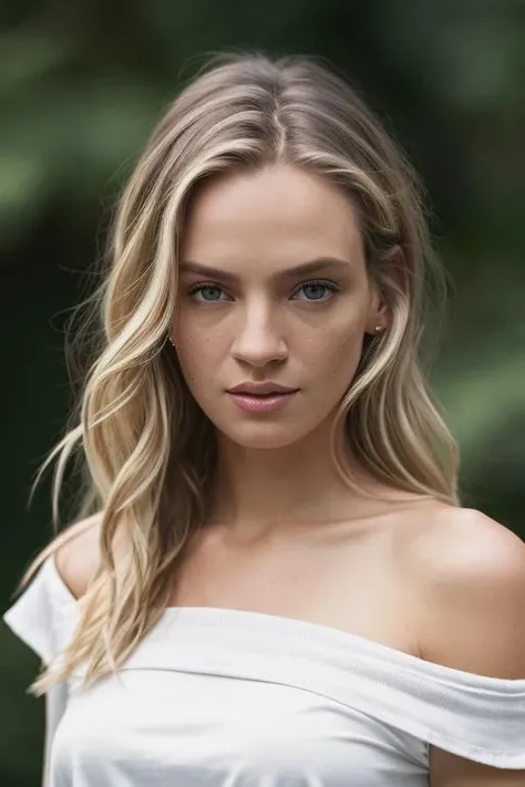 <lora:um4thurm4n:0.9>, a Realistic photo of um4thurm4n woman, long hair, looking at viewer, blue eyes, blonde hair, simple background, shirt, bare shoulders, white shirt, upper body, grey background, off shoulder, mole, lips, crossed arms, realistic, soft lighting, professional Photography, Photorealistic, detailed eyes, RAW, analog, sharp focus, 8k, HD, DSLR, high quality, Fujifilm XT3, film grain, award winning, masterpiece