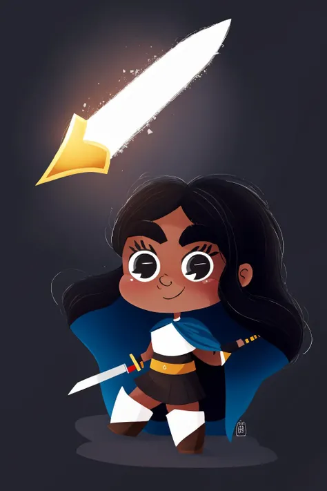 fant, antonella fant, 1girl, solo, long hair, smile, simple background, black hair, white background, holding, full body, weapon, boots, sword, dark skin, chibi, cape, holding weapon, black eyes, dark-skinned female, holding sword, thick eyebrows, animification,
<lora:antonellafant-04:0.95>