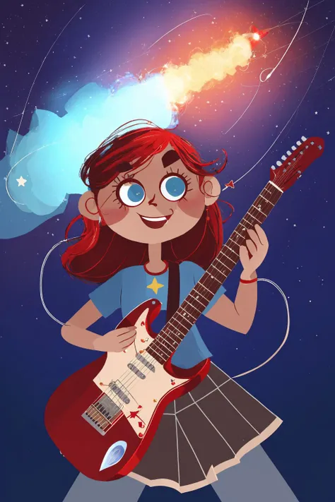 fant, antonella fant,
illustration, 2d, lineart, JULIA, super long hair, blue eyes, red hair, 1girl, smile, ((solo)), open mouth, star, brown hair, dress, blush, jewelry, hair ornament, instrument, guitar, :d, skirt, necklace, (graphic t-shirt with a denim or leather jacket),(zoomed out:1.5), (meteor shower:1.2), (comet:1.1), your name, low angle, (red guitar strap:1.5), holding a guitar with a guitar strap highly detailed eyes, pupils, masterpiece, best quality, UHD, high resolution, (a girl in distance playing the guitar:1.2), (shooting star), nebula, star, night, (high contrast),
<lora:antonellafant-04:1>