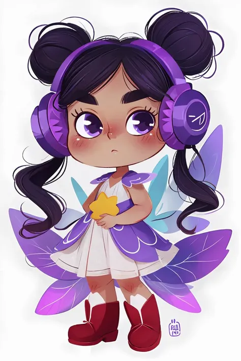 fant, antonella fant, 1girl, solo, looking at viewer, simple background, black hair, white background, dress, twintails, purple eyes, full body, purple hair, boots, wings, signature, headphones, red footwear, fairy wings, magic, fairy,<lora:antonellafant:0.8>,chibi,