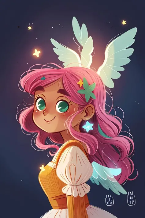 fant, antonella fant, 1girl, solo, long hair, smile, simple background, hair ornament, closed mouth, green eyes, upper body, pink hair, heart, wings, puffy sleeves, artist name, signature, star (symbol), from side, profile, leaf, halo, angel wings, angel,<lora:antonellafant:0.8>,chibi,