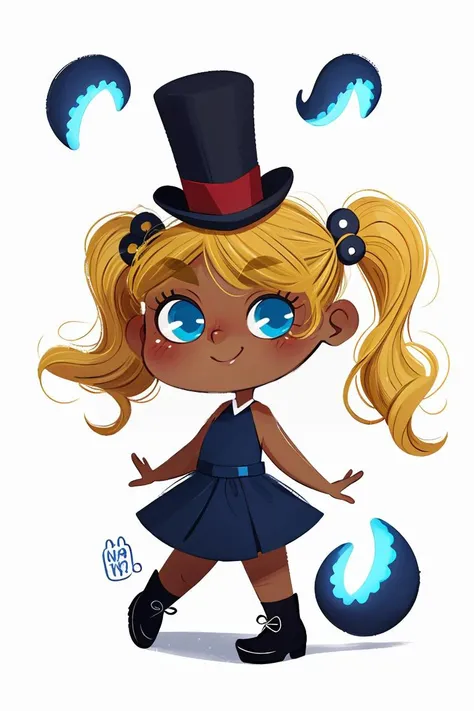 fant, antonella fant, 1girl, solo, smile, blue eyes, blonde hair, simple background, hair ornament, hat, white background, dress, twintails, full body, signature, dark skin, black footwear, dark-skinned female, blue dress, shadow, short twintails, top hat, octopus,<lora:antonellafant:0.8>,chibi,