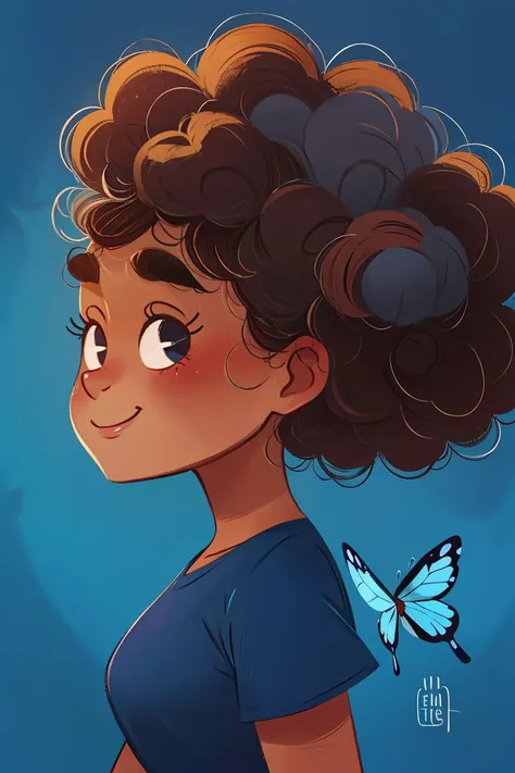 fant, antonella fant, 1girl, solo, smile, brown hair, shirt, brown eyes, upper body, short sleeves, signature, dark skin, from side, dark-skinned female, profile, blue background, bug, blue shirt, butterfly, curly hair, blue butterfly, afro,<lora:antonellafant:0.8>,chibi,