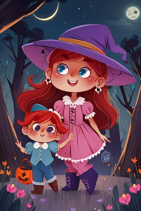 fant, antonella fant, 1girl, long hair, blush, smile, open mouth, 1boy, hat, dress, holding, flower, short sleeves, heart, red hair, boots, outdoors, food, teeth, puffy sleeves, signature, hood, chibi, looking at another, black eyes, tree, puffy short sleeves, witch hat, night, holding hands, moon, star (sky), candy, pink dress, night sky, halloween, skull, lollipop, blue pants, halloween bucket,<lora:antonellafant:0.8>,chibi