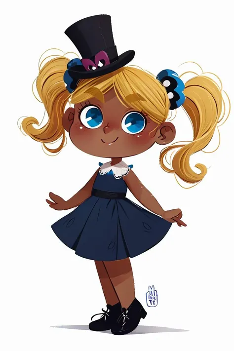 fant, antonella fant, 1girl, solo, smile, blue eyes, blonde hair, simple background, hair ornament, hat, white background, dress, twintails, full body, signature, dark skin, black footwear, dark-skinned female, blue dress, shadow, short twintails, top hat, octopus,<lora:antonellafant:0.8>,chibi,