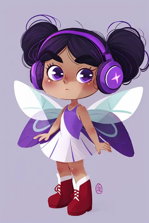 fant, antonella fant, 1girl, solo, looking at viewer, simple background, black hair, white background, dress, twintails, purple eyes, full body, purple hair, boots, wings, signature, headphones, red footwear, fairy wings, magic, fairy,<lora:antonellafant:0.8>,chibi,