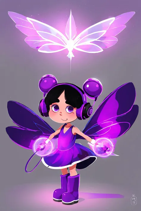 fant, antonella fant, 1girl, solo, looking at viewer, simple background, black hair, white background, dress, twintails, purple eyes, full body, purple hair, boots, wings, signature, headphones, red footwear, fairy wings, magic, fairy,
<lora:antonellafant-04:0.95>