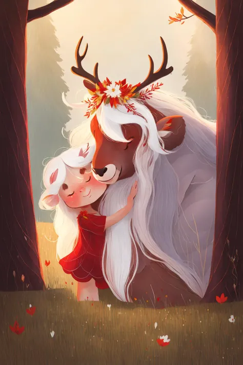 fant, antonella fant, 1girl, long hair, blush, smile, hair ornament, 1boy, very long hair, closed eyes, flower, white hair, outdoors, hair flower, tree, hug, grass, red flower, nature, furry, antlers, deer,
<lora:antonellafant-04:0.95>