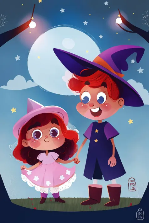 fant, antonella fant, 1girl, long hair, blush, smile, open mouth, 1boy, hat, dress, holding, flower, short sleeves, heart, red hair, boots, outdoors, food, teeth, puffy sleeves, signature, hood, chibi, looking at another, black eyes, tree, puffy short sleeves, witch hat, night, holding hands, moon, star (sky), candy, pink dress, night sky, halloween, skull, lollipop, blue pants, halloween bucket,
<lora:antonellafant-04:0.95>