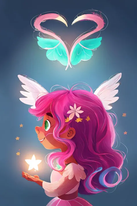 fant, antonella fant, 1girl, solo, long hair, smile, simple background, hair ornament, closed mouth, green eyes, upper body, pink hair, heart, wings, puffy sleeves, artist name, signature, star (symbol), from side, profile, leaf, halo, angel wings, angel,
<lora:antonellafant-04:0.95>