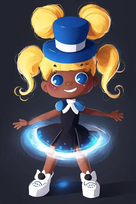 fant, antonella fant, 1girl, solo, smile, blue eyes, blonde hair, simple background, hair ornament, hat, white background, dress, twintails, full body, signature, dark skin, black footwear, dark-skinned female, blue dress, shadow, short twintails, top hat, octopus,
<lora:antonellafant-04:0.95>