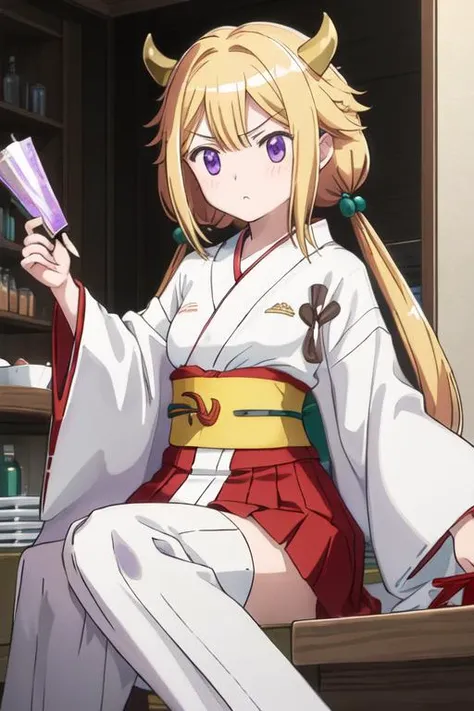 best quality, masterpiece, highres, solo, {white kimono:1.35}, {red hakama:1.35}, {wide sleeves:1.20}, {mitsuki_felicia_puellamagimadokamagicasidestorymagiarecord:1.15}, blonde_hair, purple_eyes, long_hair, twintails, blush, bangs, horns