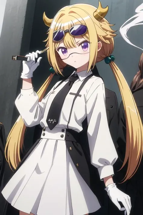 best quality, masterpiece, highres, solo, {black business suit:1.40}, {tie:1.20}, {sunglasses:1.25}, {white gloves:1.15}, {white shirt:1.10}, {black skirt:1.15}, {smoking:1.20}, handsome, {mitsuki_felicia_puellamagimadokamagicasidestorymagiarecord:1.15}, blonde_hair, purple_eyes, long_hair, twintails, blush, bangs, horns