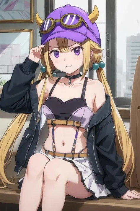 best quality, masterpiece, highres, solo, {mitsuki_felicia_puellamagimadokamagicasidestorymagiarecord:1.15}, blonde_hair, purple_eyes, long_hair, twintails, blush, bangs, horns, 1girl, baseball_cap, choker, hair_ornament, hat, hair_bobbles, jacket, blue_jacket, shirt, low_twintails, collarbone, building, closed_mouth, looking_at_viewer