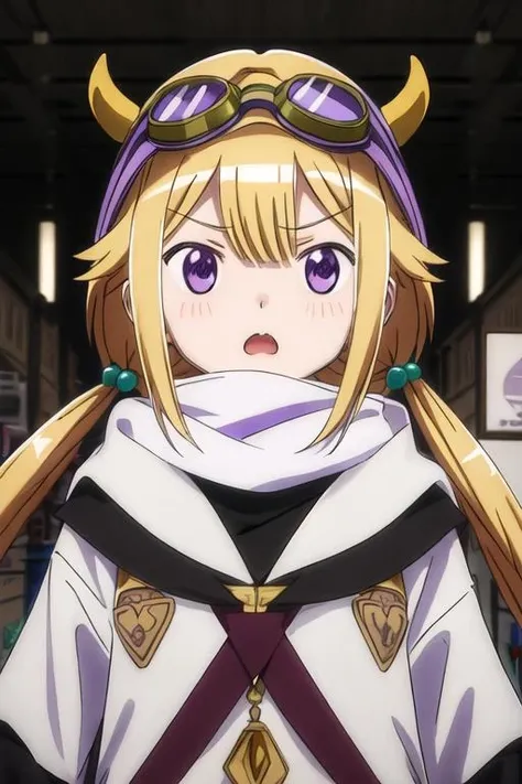 best quality, masterpiece, highres, solo, {mitsuki_felicia_puellamagimadokamagicasidestorymagiarecord:1.15}, blonde_hair, purple_eyes, long_hair, twintails, blush, bangs, horns, 1girl, goggles, goggles_on_headwear, hood, looking_at_viewer, goggles_on_head, anime_coloring, fake_horns, open_mouth, portrait, parody, scarf