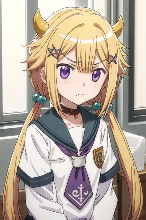 best quality, masterpiece, highres, solo, {mitsuki_felicia_puellamagimadokamagicasidestorymagiarecord:1.15}, blonde_hair, purple_eyes, long_hair, twintails, blush, bangs, horns, closed_mouth, hair_bobbles, hair_ornament, sailor_collar, school_uniform, serafuku, shirt, white_shirt, 1girl, blue_sailor_collar, dot_nose, frown, low_twintails, hair_between_eyes, looking_at_viewer, upper_body, indoors, sidelocks, v-shaped_eyebrows