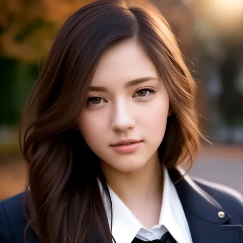 masterpiece, DSLR photo, analog style, nikon d5, real photo, a photo of a beautiful 20 year old woman, wearing fall clothing, dramatic lighting (85mm), (detailed facial features), (detailed shiny eyes), dynamic angle, jeremy mann, Ilya Kuvshinov style <lora:tgh:0.7>school uniform,