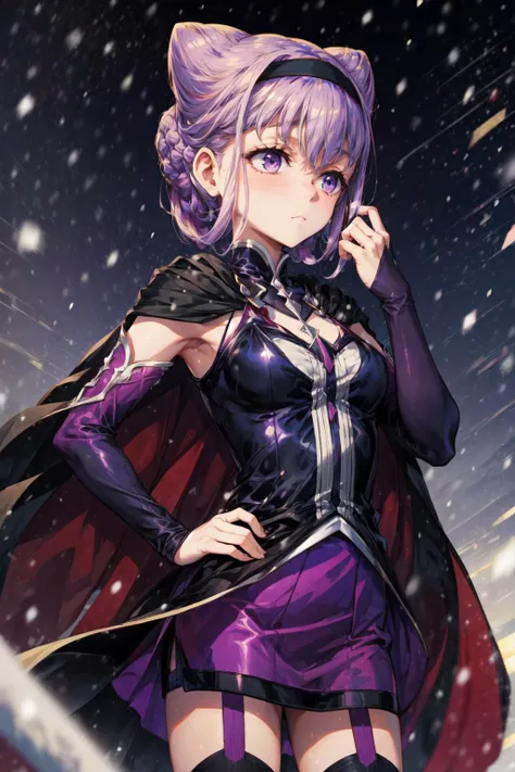 masterpiece,best quality,1girl,tall,criasu ruru,cone hair bun,braid,purple hairband,elbow gloves,detached sleeves,black cape,black thighhighs,garter straps,purple skirt,purple pencil skirt,(expressionless,:<),(looking away:1.2),hand on hip,arm at side,(snow,snowing,snowflakes),night,starry sky,<lora:locon_criasu_ruru_01:0.9>,<lora:Concept-control tool-add_detail-CyberAIchemist:0.5>,
