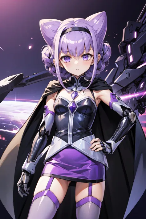 masterpiece,best quality,1girl,tall,criasu ruru,cone hair bun,braid,purple hairband,elbow gloves,detached sleeves,black cape,black thighhighs,garter straps,purple skirt,purple pencil skirt,(expressionless,:<),hand on hip,arm at side,(purple theme,mecha musume,mechanical parts,robot joints,headgear,science fiction),<lora:locon_criasu_ruru_01:0.8>,<lora:Style-A-Mecha_musume-SSS>,