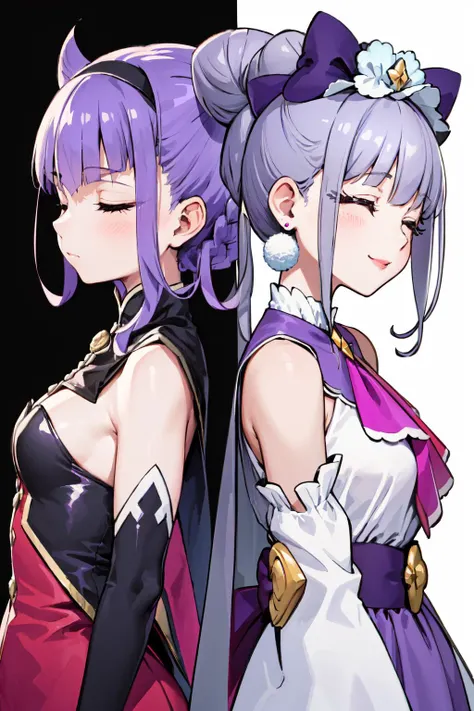masterpiece,best quality,2girls,(standing,back-to-back),simple background,upper body,
AND 2girls,standing,back-to-back,(1girl,criasu ruru,cone hair bun, braid, purple hairband, elbow gloves, black jacket,detached sleeves, purple pencil skirt,expressionless, closed eyes,black background, upper body,<lora:locon_criasu_ruru_01:0.9>),
AND 2girls,standing,back-to-back,(1girl,cure amour,purple dress, white gloves, ascot, wide sleeves, detached sleeves, layered dress, pom pom earrings, headdress, lipstick,smile, closed eyes,white background, upper body,<lora:locon_cure_amour_01:0.9>),