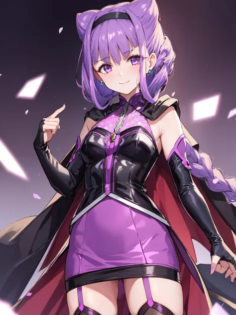 masterpiece, best quality, looking at viewer, depth of field, standing, 
1girl, <lora:locon_criasu_ruru_01:0.95>, criasu ruru, cone hair bun, braid, purple hairband, elbow gloves, detached sleeves, black cape, black thighhighs, garter straps, purple pencil skirt, emotionless, expressionless, glaring, 
smile, ((gradient background)), lens flare,