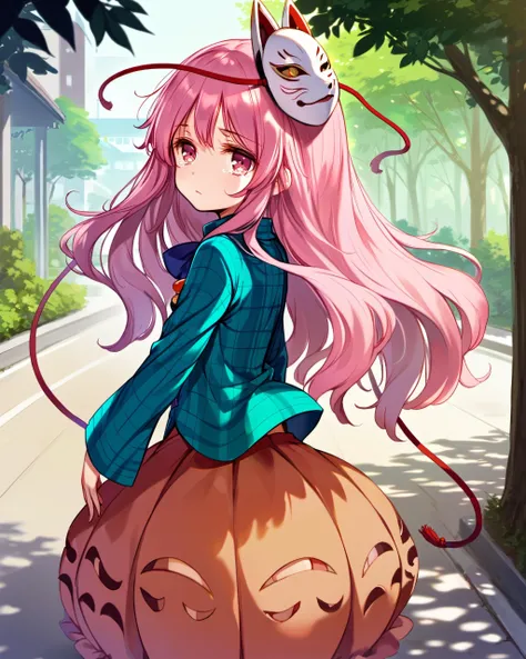 score_9, score_8, score_7, source_anime,
1 girl,outdoors, forest, short_torso,child, solo focus, short_torso,medium breasts, solo, (public) park,upper body,
flat chest, hair fluttering in the wind,child,crying,standing,
by hata no kokoro,
bubble skirt, plaid shirt, long sleeves, mask, looking at viewer, expressionless, fox mask, bowtie, bangs, mask on head, closed mouth
from side,
, <lora:ke-ta_pony_v4:1> <lora:kokoro_pony_v1:1>