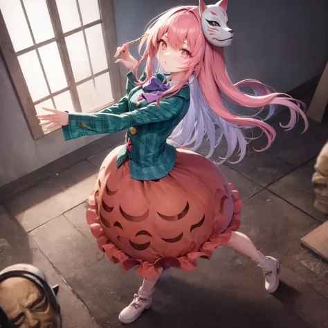 (1girl, koko), bubble skirt, aqua shirt, bow, bowtie, buttons, collared shirt, expressionless, eyebrows hidden by hair, fox mask, full body, long hair, long sleeves, mask, multicolored buttons, pink eyes, pink hair, orange skirt, plaid, plaid shirt, purple bow, purple bowtie, shirt, skirt, solo, very long hair, girl explores ruins of church, broken stained glass, deserted spaces, detailed background
