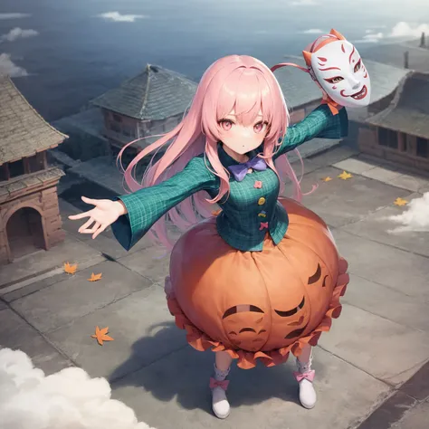 (1girl, koko), bubble skirt, aqua shirt, collared shirt, expressionless, eyebrows hidden by hair, fox mask, full body, long hair, long sleeves, mask, multicolored buttons, pink eyes, pink hair, orange skirt, plaid shirt, purple bow, purple bowtie, solo, very long hair, white socks, footwear bow, (noh mask, oni mask, hyottoko mask), ruins of city, view from above, above clouds, leafs