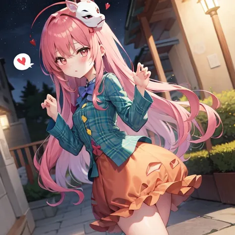 (masterpiece:1.1), highres, (best quality:1.3),(anime coloring:1.2),
,(nsfw:1.0),(1girl)+,solo,koko,hata no kokoro, <lora:hataNoKokoro_v25E12:1>, pink hair,pink eyes
,mask, aqua shirt,bubble skirt,multicolored buttons,plaid shirt,orange skirt
, (hands up,v:1.3),
,(cute,kawaii:1.4),
,(small breasts:1.3)
,(expressionless:1.2),closed mouth,blush, spoken blush,
,outdoors, night,