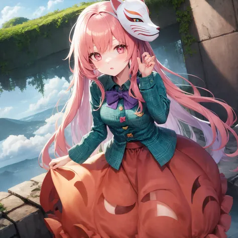 (1girl, koko), bubble skirt, aqua shirt, bow, bowtie, buttons, collared shirt, expressionless, eyebrows hidden by hair, fox mask, cowboy shot, long hair, long sleeves, mask, multicolored buttons, pink eyes, pink hair, orange skirt, plaid, plaid shirt, purple bow, purple bowtie, shirt, skirt, solo, very long hair ruins of city, view from above, above clouds, leafs