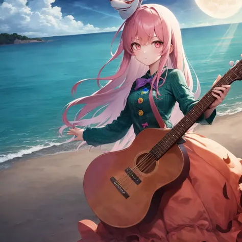 (1girl, koko), (guitar solo), bubble skirt, aqua shirt, bow, bowtie, buttons, collared shirt, expressionless, eyebrows hidden by hair, fox mask, cowboy shot, long hair, long sleeves, mask, multicolored buttons, pink eyes, pink hair, orange skirt, plaid, plaid shirt, purple bow, purple bowtie, shirt, skirt, solo, very long hair, sea, ocean, beach, cloudy, sunrays, dusk, moon, cloud, sky, outdoors, cloudy sky, leaf, ruins, sunbeam, post-apocalypse, side view